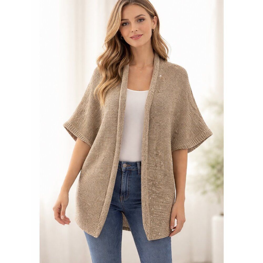 Chico's Open Front Cardigan Size S/M Beige Sequins